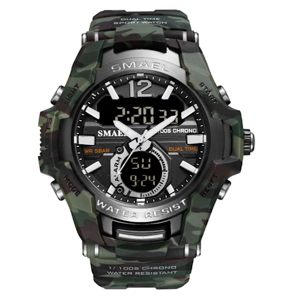 SMAEL Sport Digitala klockor för män Army Kamouflage Simning Armbandsur Väckarklocka Kalender LED Bakgrundsbelysning Dual Time Watch 1805 Camo green