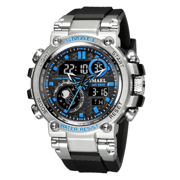 SMAEL Light Blue Sport Digital Watch för män Vattentät Dual Time Display Chronograph Quarz Armbandsur med Auto Date Week 1803B Silver Blue