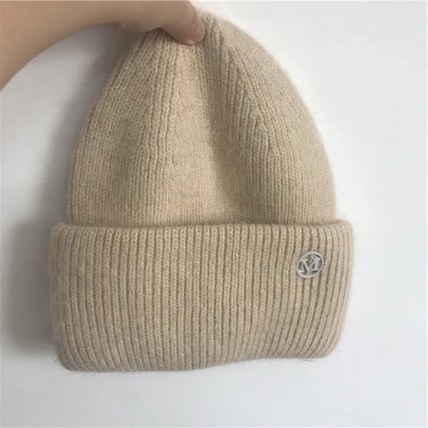 Uspop Nya Dammössor Vinter Tjocka Varma Stickade Mössor Enfärgad Bokstav M Mjukt Hår Skullies Beanies Beige elastic 53-59 cm