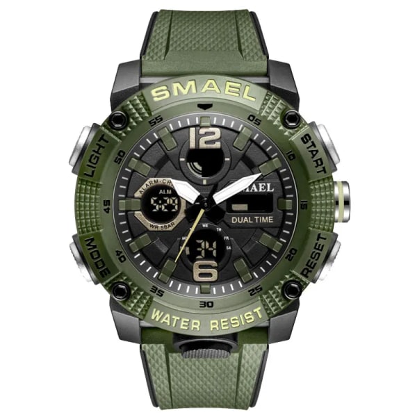 SMAEL Dual Time LED Display Digital watch för män Vattentät Simning Quartz Sportklockor Auto Date Alarm Clock Armbandsur 8039 Green