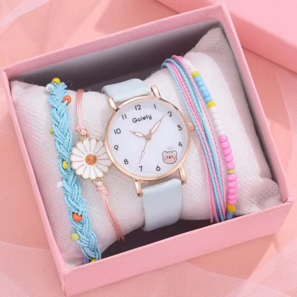Nytt 5 st Damklocka Watch Set Läder Söt Björn Flickor Armbandsur Mode Dam Quartz Klocka reloj mujer Studentpresent A blue