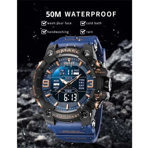 Watch Sport Vattentät LED-ljus Väckarklocka Dubbeltid Display Vecka Auto Date Armbandsur 8049 Quartz Klockor Sporttid ORANGE
