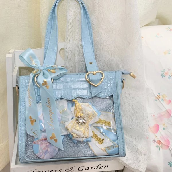 HAEX Kawaii Ita-väskor Dammode japansk stil Harajuku Lolita Ribbon Crossbody-axelväskor PU Small Heart Bolso Mujer Blue 24x20x11cm