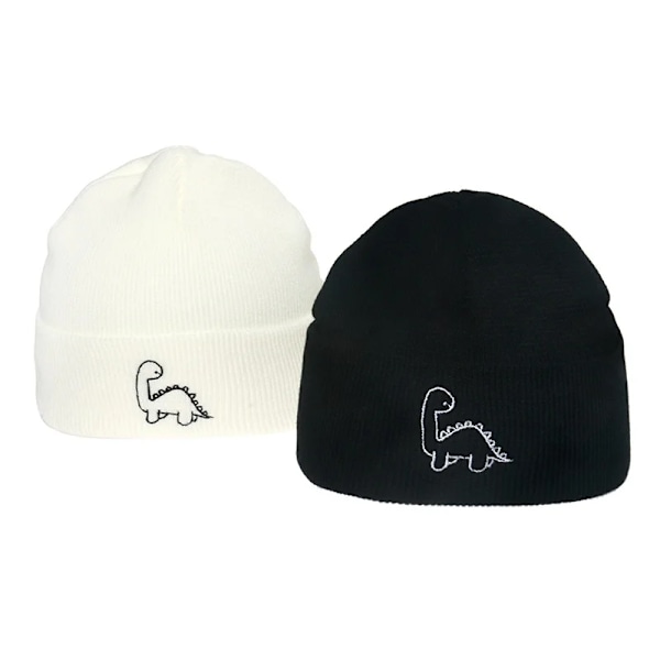 Unisex Bomullshatt Banniehatt Mjuk Stickad Hatt Dinosaur Broderade Mössor Mode Män Vintermössor Kvinnors Skullies För Flickor White 56-58cm