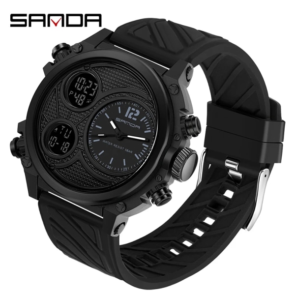 SANDA LED Digitala Sportklockor 50m Vattentät Elektronisk Armbandsur Tregångsvisning Quartz Watch for Herr Väckarklocka 3002 black