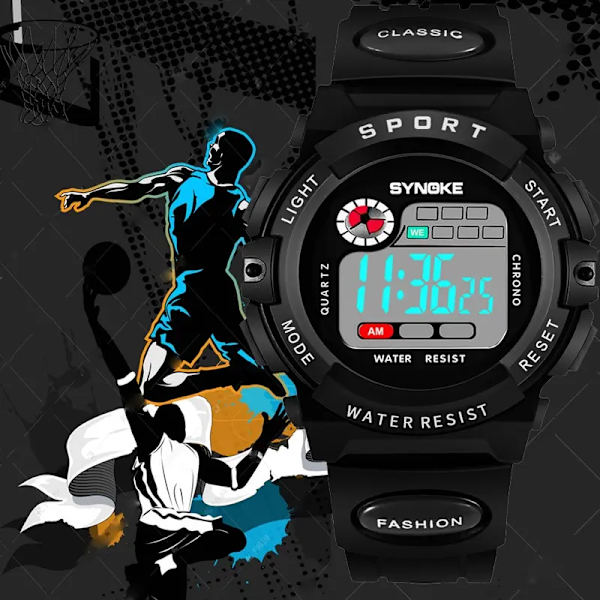 SYNOKE Men Sport Watch Multifunktion Militär Vattentät Lysande LED Digital Kids Big Dial Student Boy Samurai Black