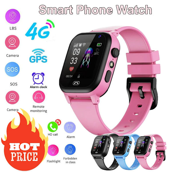 Barn 4G Smart Watch SOS GPS Plats Videosamtal Simkort för barn SmartWatch Kamera Vattentät Watch För pojkar Flickor närvarande Pink