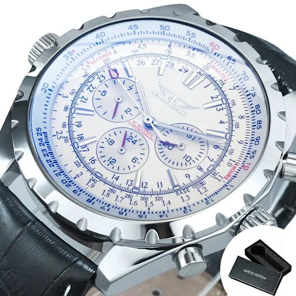 Toppmärke Lyx VINNARE Herr Mekaniska klockor 2017 Automatiska Armbandsur Herr Läderrem 3 Sub-dials 6 visare Reloj Hombre BO LEATHER WHITE