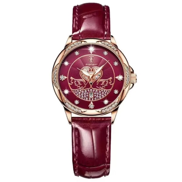 POEDAGAR Watch Dam Diamant Läder Kvarts Armbandsur Vattentät Lysande Rose Guld Vin Röd Damklockor Flickvän Present 04 Red