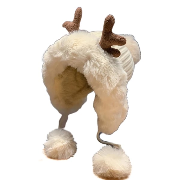 Vintermössa för kvinnor, varm fodrad med pompom, hornöronlappsmössa, söt skalle, utomhus, skridskoåkning, cykling, julklapp White