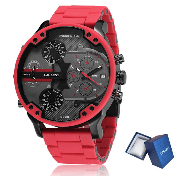 Watch Herr Lyxmärke Kända Dual Time Military Relogio Masculino 57mm 3D Stort case Quartz Herrklockor Röd Manklocka with box