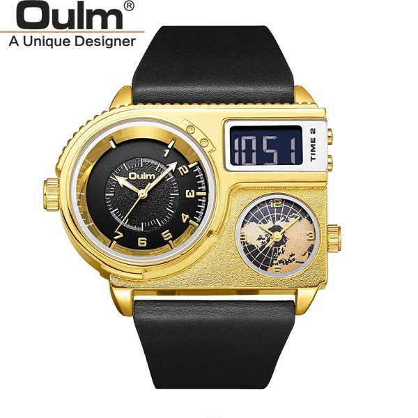 Oulm 5026 New Dual Display Två tidszon Watch Man Big Dial Quartz Clock Timmar Herr Armbandsur i äkta läder gold black