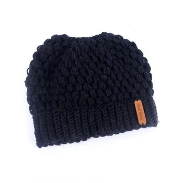 Vintermössa för kvinnor, mode, casual, stickad, stretchig, enfärgad, varm, med skärm, tagg, slarvig knut, hästsvans, beanie Black