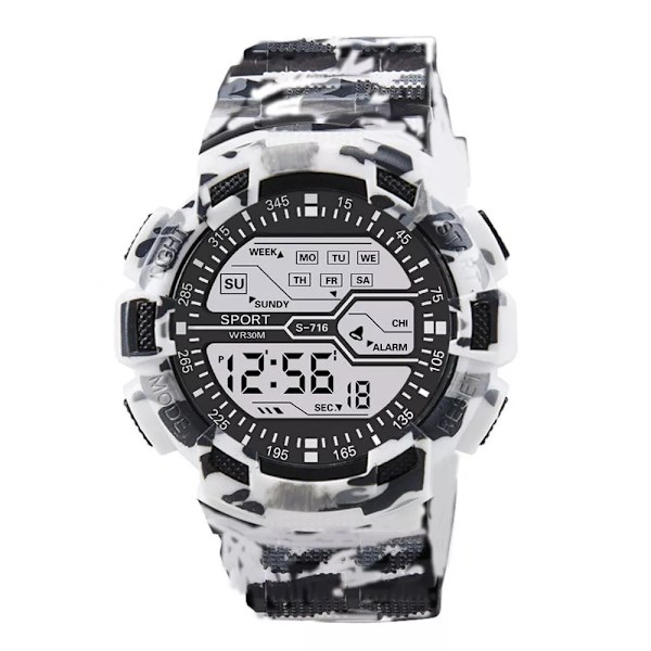 YIKAZE Multifunktions Watch för män LED Digital watch Stor urtavla Vattentät Lysande Herr Watch Elektroniska klockor B-Camouflage White