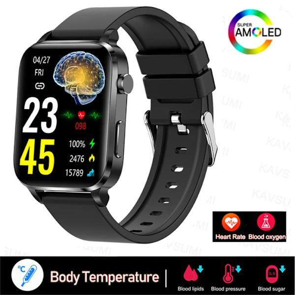 Smärtfri Icke-invasiv åtgärd Blodsocker Watch Män Laserbehandling Blodtryck Hälsa Kvinnor Glukometer Smartwatch Black Silicon