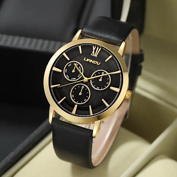Fashionabla personlighet rund watch svart läder kvarts watch set 1 st watch och 1 st armband Black