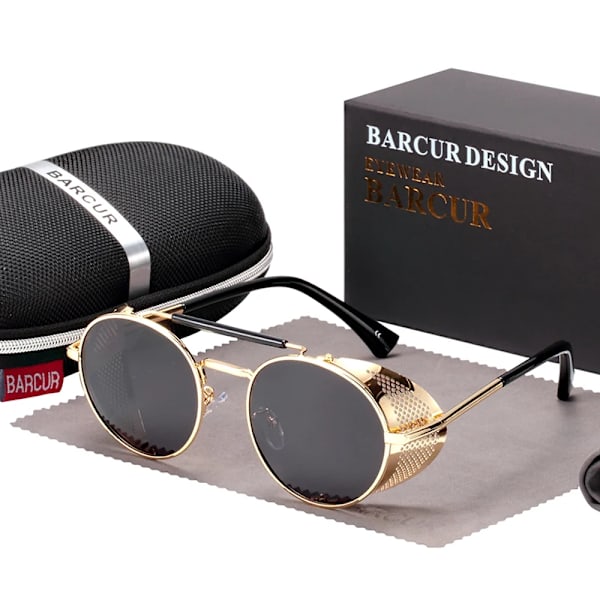 BARCUR Polarized Steampunk Runda Solglasögon Herr Retro Solglasögon För Kvinnor Vintage Style Gold Gray BARCUR