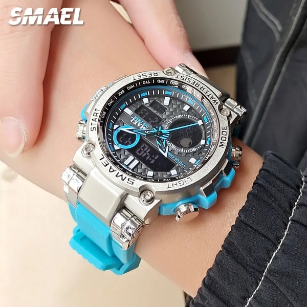 SMAEL Light Blue Sport Digital Watch för män Vattentät Dual Time Display Chronograph Quarz Armbandsur med Auto Date Week 1803B Black Gold-Box
