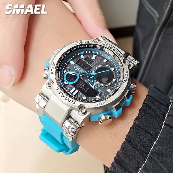 SMAEL Light Blue Sport Digital Watch för män Vattentät Dual Time Display Chronograph Quarz Armbandsur med Auto Date Week 1803B Light Blue