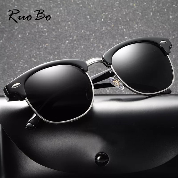 RUOBO Klassiska polariserade solglasögon för män Kvinnor Märkesdesign Körspegel Yta Lins Solglasögon Goggle UV400 Gafas De Sol Black-Black Gold Frame
