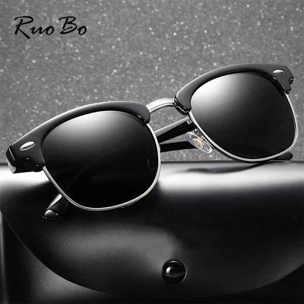 RUOBO Klassiska polariserade solglasögon för män Kvinnor Märkesdesign Körspegel Yta Lins Solglasögon Goggle UV400 Gafas De Sol Black-Mercury Silver Frame
