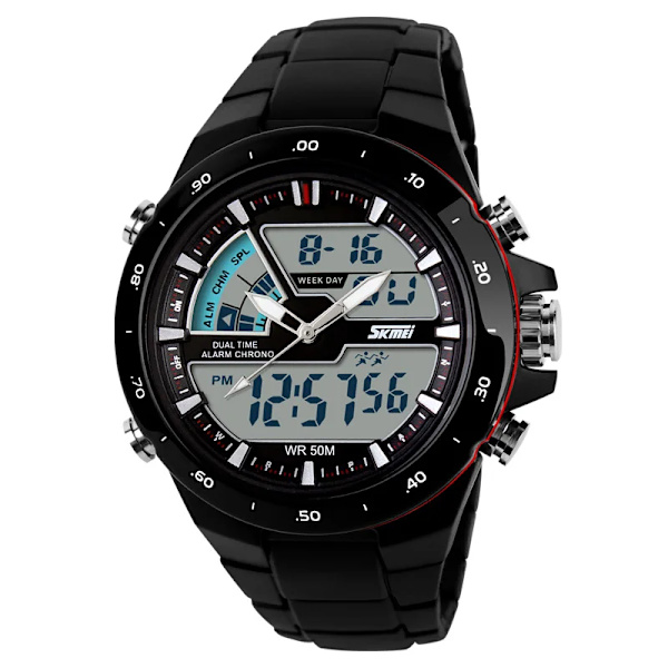 SKMEI 1016 Herrmode Casual Väckarklocka Vattentät Militär Chrono Dual Display Armbandsur Relogio Masculino Watch Black Red Bezel