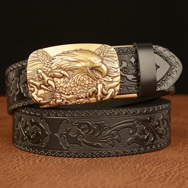 3,5 CM Eagle Alloy Automatiskt Spänne Cowskin Läder Bälte Kvalitet Herr Wasitbad Rem Äkta Läder Present Bussiness Bälte För Jeans Golden buckle Black 105CM
