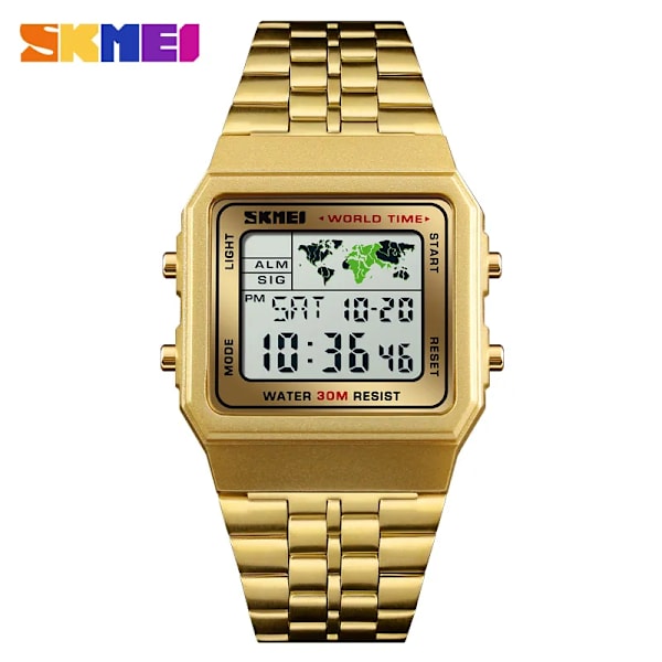 SKMEI Top Lyx Mode Watch Herr Väckarklocka 3Bar Vattentät Rostfritt stål Armband Digitala klockor reloj hombre 1338 gold