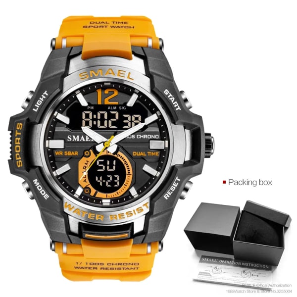 SMAEL Dual Time Army Watch för män Lysande Vattentät Quart Digital Armbandsur Väckarklocka LED Bakgrundsbelysning Kalender 1805 Orange-Box