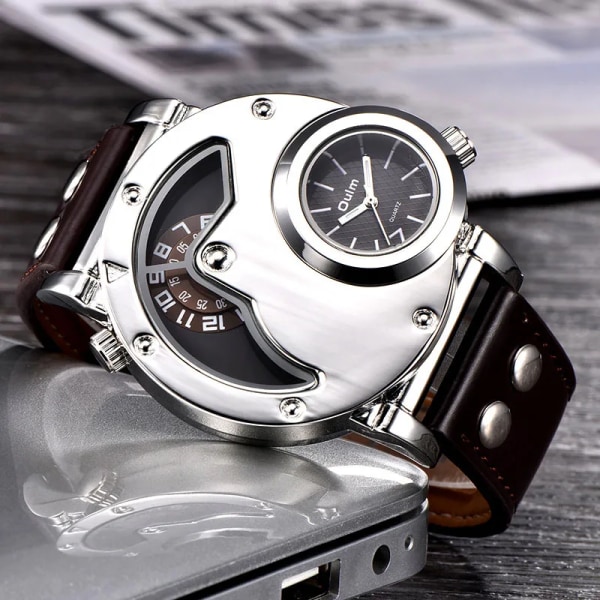 Oulm Klockor Unik Design Flera tidszoner Läderrem Man Quart Armbandsur Oulm 9591 Mode Herr Klockor reloj hombre Brown
