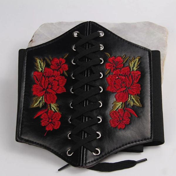 Broderad Svart Dam Bälte Blomma Midjekorsett Vacker Stretch Elastisk Midjeband Bred Korsett PU Läder Midja Smal black 1 69-95cm