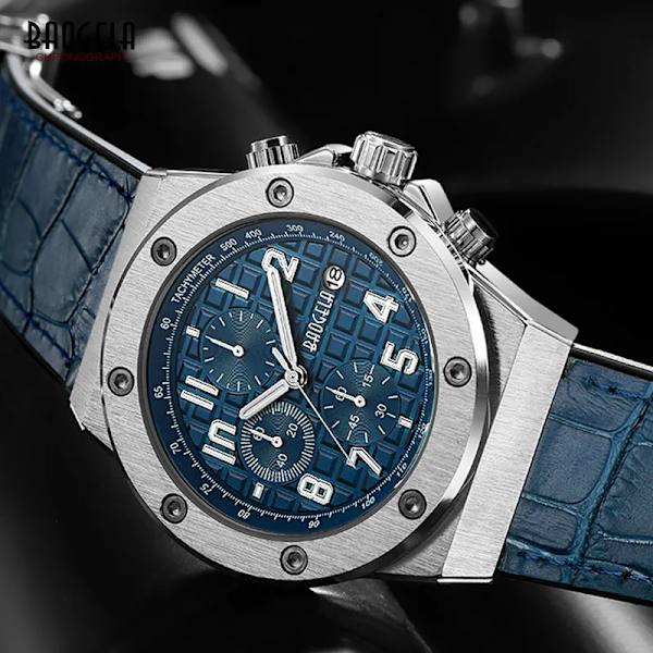 BAOGELA Herr nya kvartsklockor 2019 Vattentät Kronograf Casual Lysande Watch Man Läderrem Relogios 1805 Blå 1805Blue