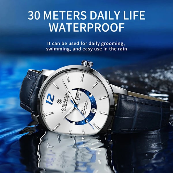 BELUSHI Moon Phase Armbandsur Herr Lyx Topp Märke Vattentät Modekalendervecka Kvarts Presentklocka Sport Lysande Läder LE and BOX