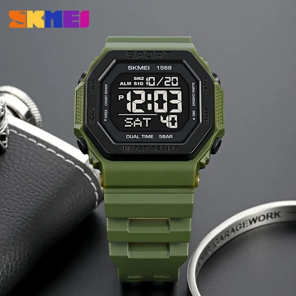 SKMEI 1988 Outdoor Sport Watch Herr Väckarklocka Chrono Clock 5Bar Vattentät Militär Klockor LED Display Digital Watch Reloj Hombre army green
