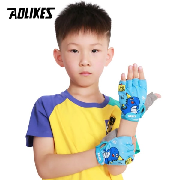 AOLIKES Barn Cykelhandskar Halvfinger Andas Antisladd För Sport Ridning Cykling Skridsko Sporthandskar Little dinosaur M