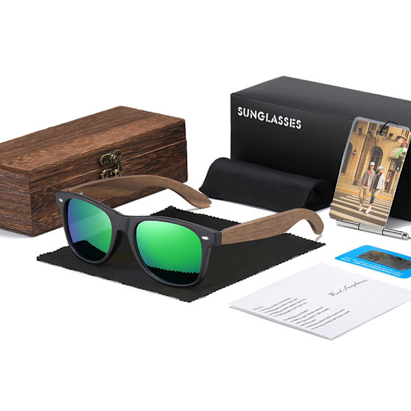 GM Märke Valnöt Trä Polariserad Solglasögon Herr Fyrkantig Båge Solglasögon Dam Solglasögon Man Oculos de sol Masculino S7061h Green Square Box Black