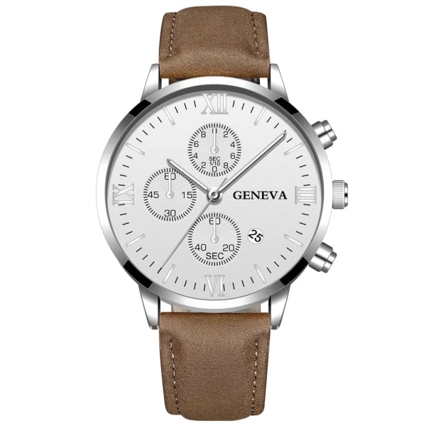 Mode Genève Män Datum Legering Case Syntetiskt Läder Analog Kvarts Watch Man Klocka Toppmärke Lyx Relogio Masculino 13 Brown-Silver-Whit