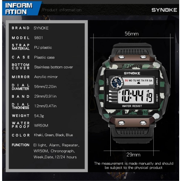 Watch Sport Digital watch Lysande LED Big Dial Multifunktionsklocka utomhus 50M vattentät watch för man Camouflage green