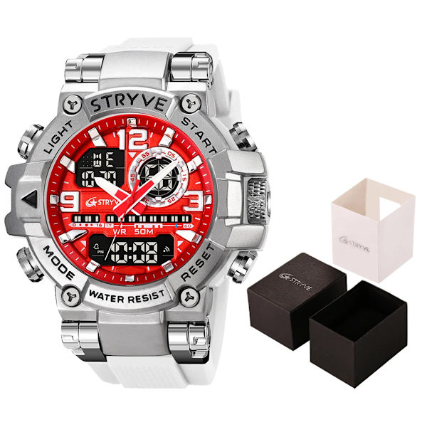 Ny STRYVE- watch för män Digital-Analog Dual Movement Calendar Lysande 50M vattentäta klockor Mode Sport Watch 8025 Silver White