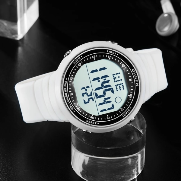 OHSEN Digital LCD Sport Herrarmbandsur Relogio Masculino 50M Vattentät Alarm Datum Gummi Mode Vit Utomhus Watch Present White watch