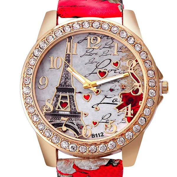 Kvinnor Stora Klockor Mode Lyx Kristall Paris Eiffel Tower Klockor Kvinnor Läderband Quartz Armbandsur Casual Damklockor brown