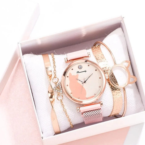 Watch 5 st Quartz Set Mesh Armband Cat Dial Lyx Watch Casual Damklocka med set Pink Set