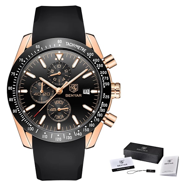 BENYAR Märklockor Märke Lyx Silikonrem Vattentät Sport Kvarts Kronograf Watch Herrklocka Relogio Masculino Silico Gold Black B
