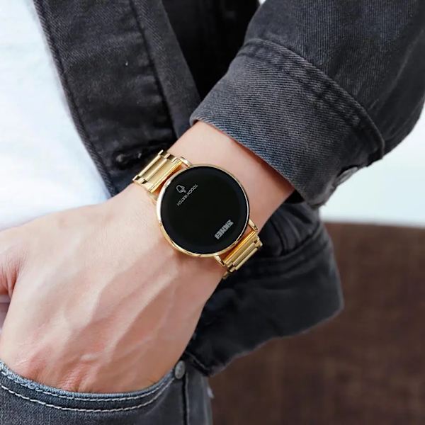 SKMEI 1550 manlig pekskärm LED-ljusdisplay 3bar vattentät band i rostfritt stål montre homme Mode män Digital watch gold