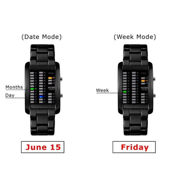Binära watch resistenta klockor män 3ATM vattentät larm Chrono rektangel urtavla Canlender svart ljus tuff struktur Black With Box