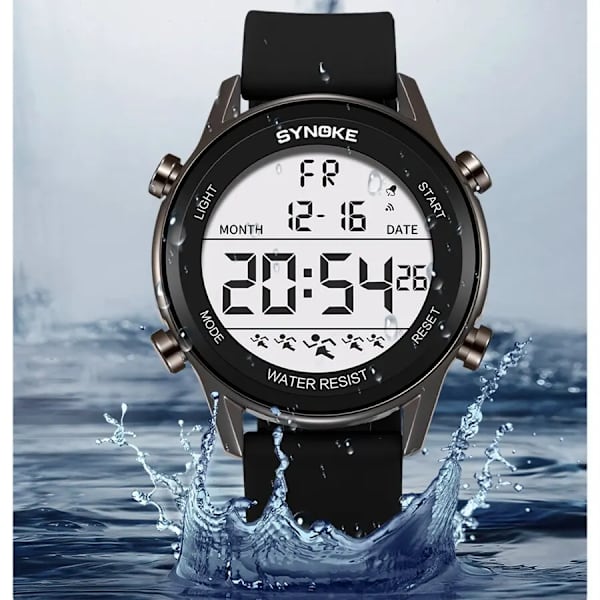SYNOKE Men Outdoor Sports Multifunktionell Vattentät storskärmsskärm Lysande LED Digital För Män Mode Silicon Watch black