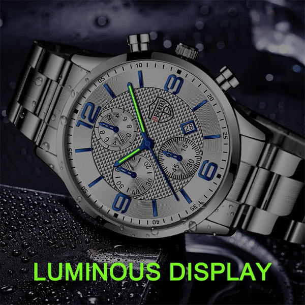 Lyx Herr Klockor i rostfritt stål Mode Herr Affär Läder Watch Man Kalender Datum Lysande klocka relogio masculino Leather Black Silver