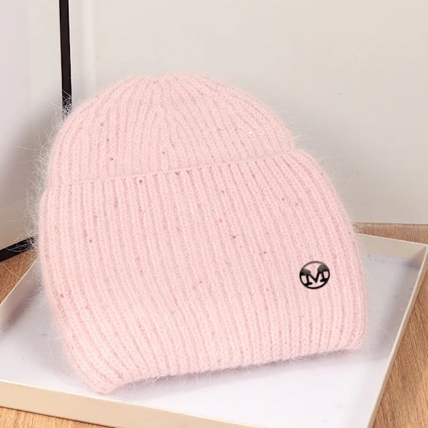 Ins Solid Shiny Color Beanies SkulliesLetter Kvinna Fluffig Vinterhatt För Matchande Varm Mjuk Present letter logo26