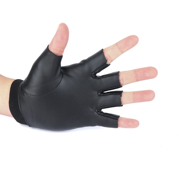 2022 Kvinnor Svart PU Läder Fingerless Handskar Solid Hona Knapp Varm Halvfinger Körning Män motor Punk Handskar Tjocka Guantes Black