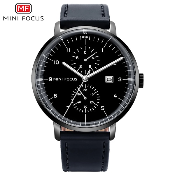 MINI FOCUS Mode Herrklockor Toppmärke Lyx Quartz Watch Date Window Armbandsur Brun Äkta läderrem reloj hombre ALL BLACK